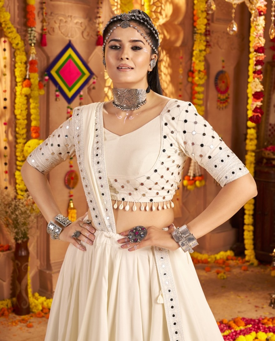 11003 - Sweet White Viscose Rayon Mirror Work Festival Wear Lehenga Choli